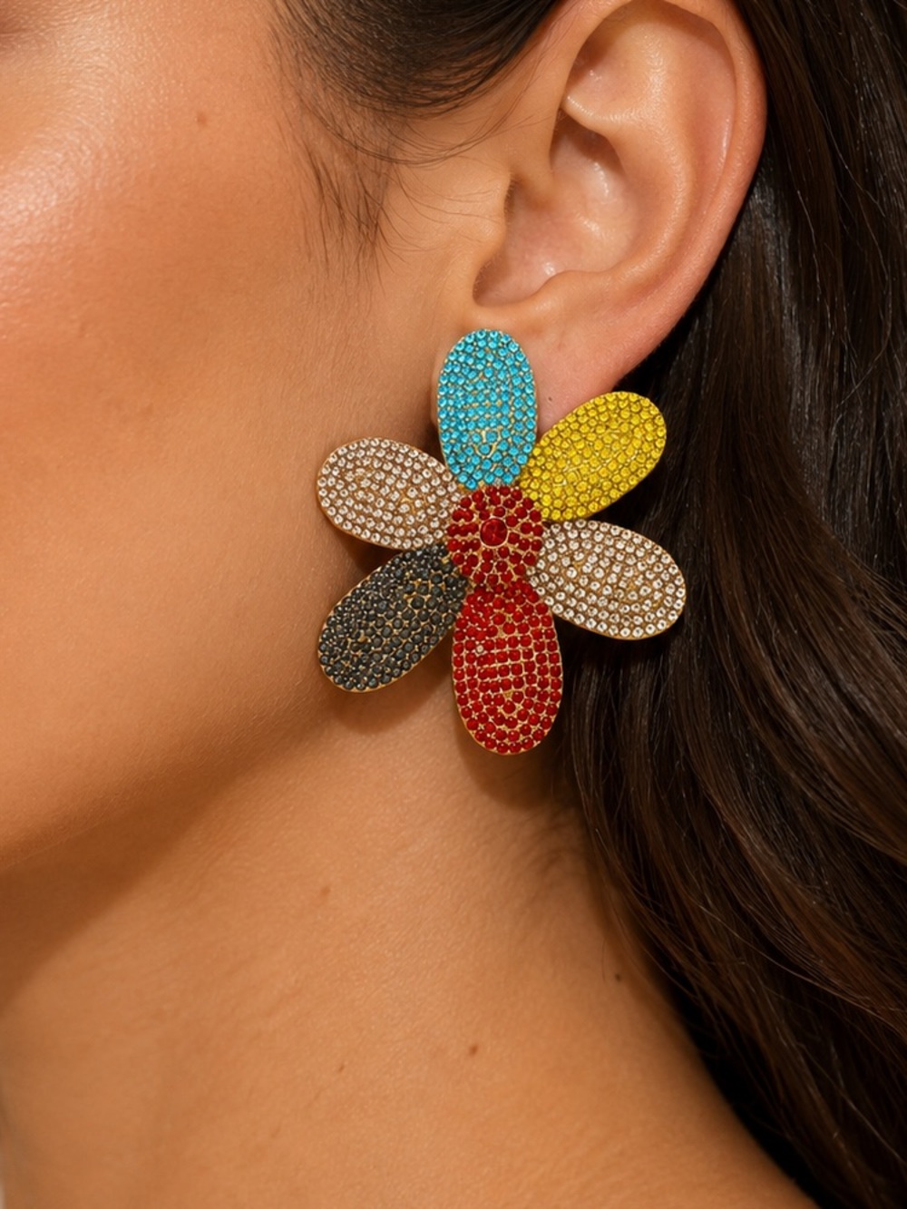 Multicolor Flower Crystal Statement Earrings - Bold Floral Drop